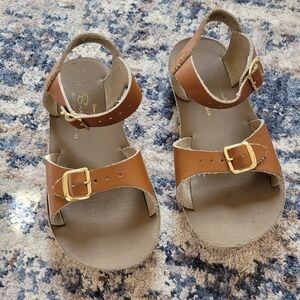 Sun san saltwater leather buckle sandals boho brown gold vintage style size 12